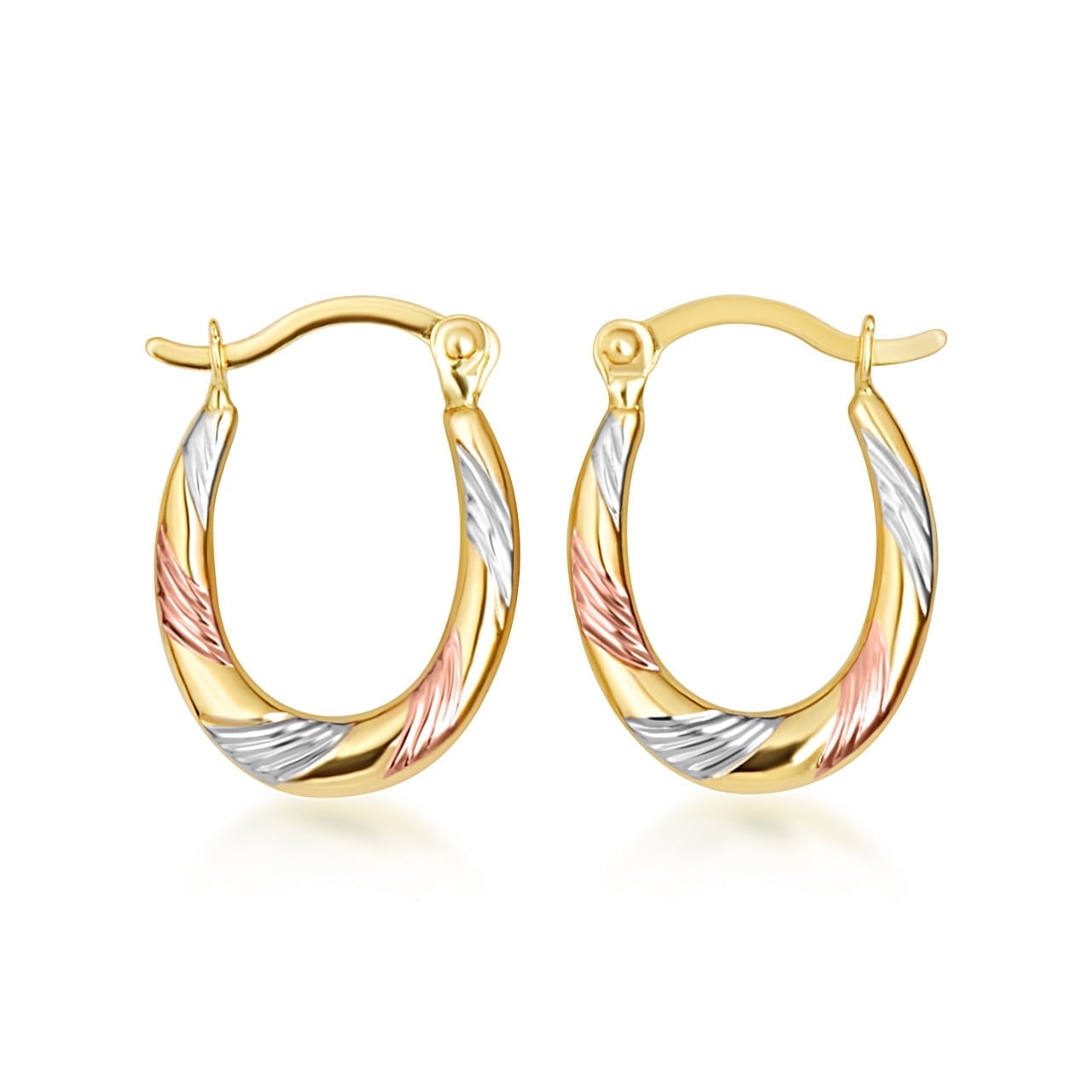 14K Tri Color Gold Striped Oval Hoop Earrings