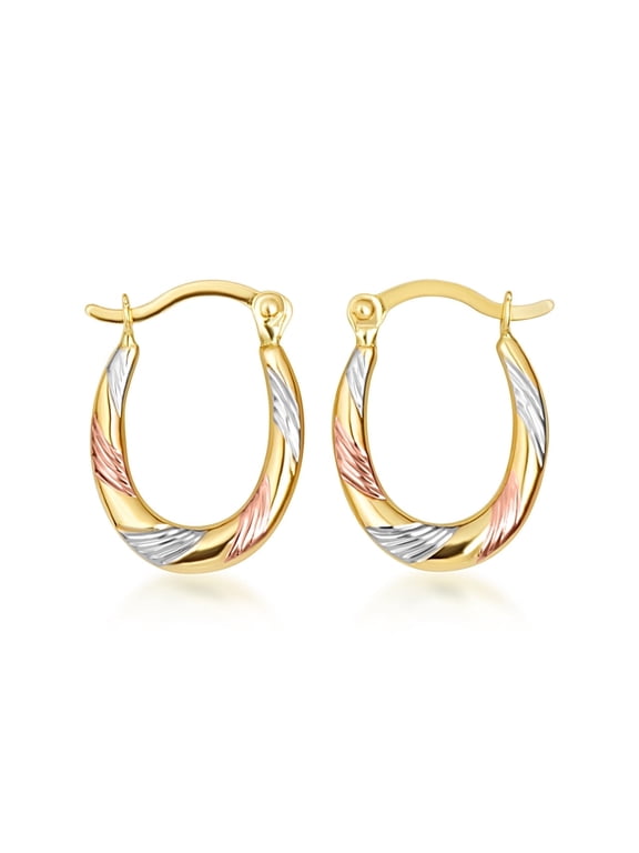 14K Tri Color Gold Striped Oval Hoop Earrings