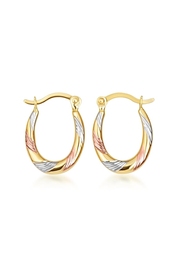 14K Tri Color Gold Striped Oval Hoop Earrings