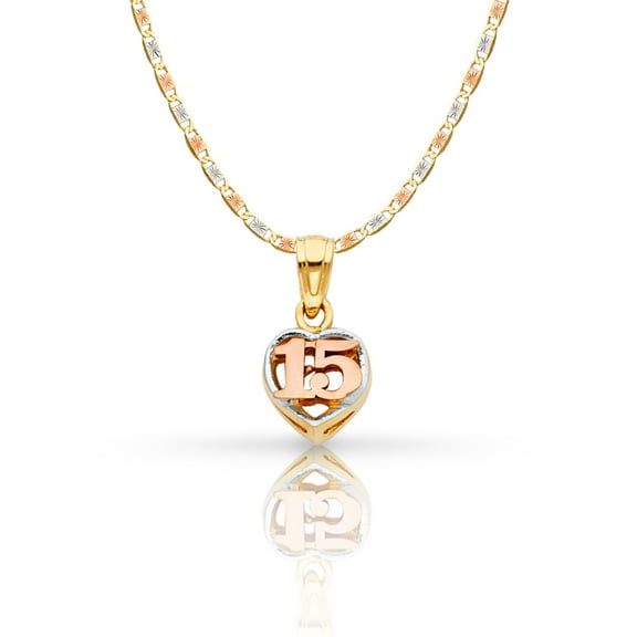 14K Tri Color Gold Sweet 15 Years Quinceanera Heart Charm Pendant with 1.5mm Valentino Chain Necklace - 16"