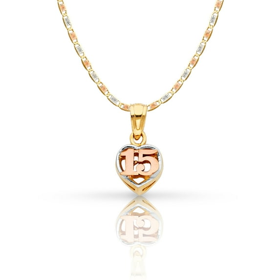 14K Tri Color Gold Sweet 15 Years Quinceanera Heart Charm Pendant with 1.5mm Valentino Chain Necklace - 22"