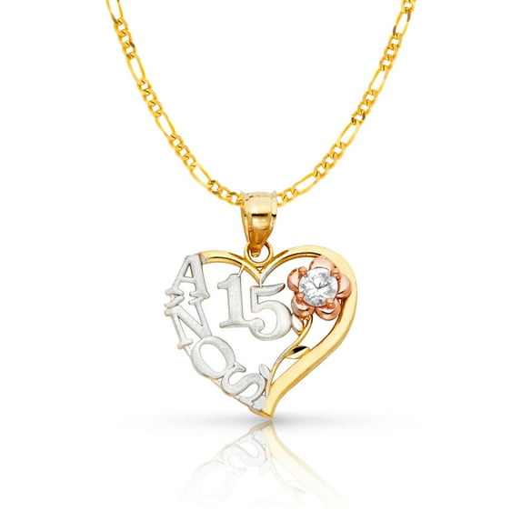 14K Tri Color Gold Sweet 15 Years Quinceanera Heart Charm Pendant with 1.9mm Figaro 3+1 Chain Necklace - 20"