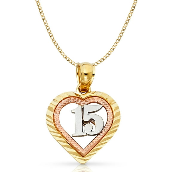 14K Tri Color Gold Sweet 15 Years Quinceanera Heart Charm Pendant with 2mm Hollow Cuban Bevel Chain Necklace - 16"
