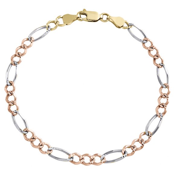 14K Tri Color Gold Unisex 4mm Diamond Cut Solid Figaro Link 7" Fancy Bracelet