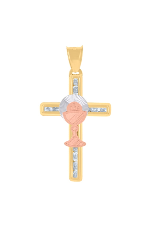 14K Tri-Color Gold Unisex Cubic-Zirconia First Communion Cross Ceremony Religious Charm Pendant