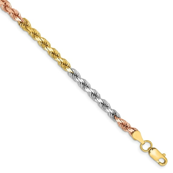 14K Tri-Color Gold bracelet Chain style Rope Diamond-cut 7 in 4 mm