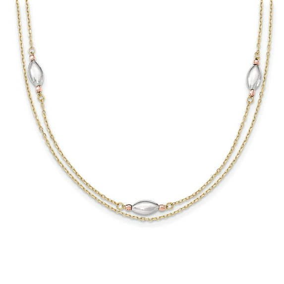 14K Tri-Color Gold necklace Beaded 16 in 6 mm Tri Color 2 Strand with Puff Beads with 2 Ext