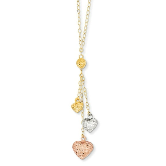 14K Tri-Color Gold necklace Fancy 16 in 1 mm Puff Heart Lariat with 2in ext