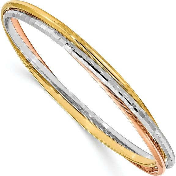 14K Tri-Color Jbsp's Polished & Textured 3 Intertwined Slip-On Bangles (8 X 3) Made In Italy lf945