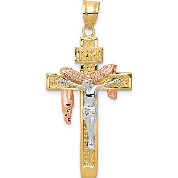 14K Tri-Color Large Draped Inri Crucifix Pendant (32 X 15) Made In United States d4322