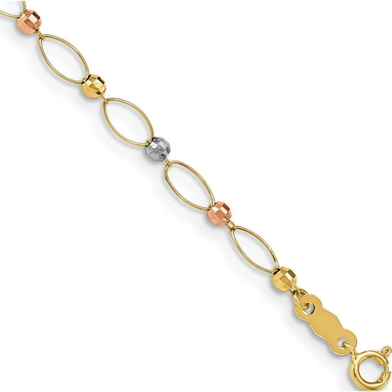 14K Tri-Color Oval Link Mirror Beads Bracelet Made In Indonesia fb1347-7.5