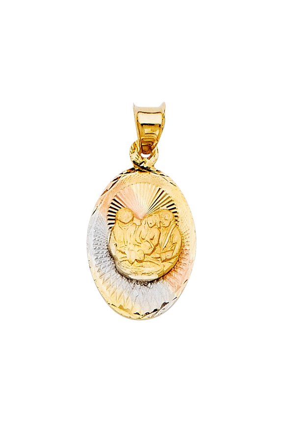 14K Tri-Color Solid Gold Diamond Cut Baptism Stamp Religious Charm Pendant for Men Women