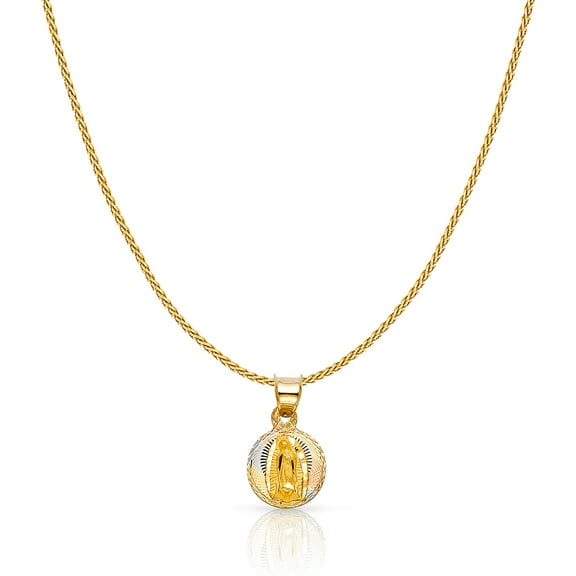 14K Tri Color Solid Gold Diamond Cut Our Lady of Guadalupe Stamp Charm Pendant with 0.9mm Wheat Chain Necklace - 20"