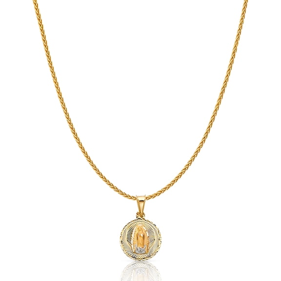 14K Tri Color Solid Gold Diamond Cut Our Lady of Guadalupe Stamp Charm Pendant with 1.1mm Wheat Chain Necklace - 18"