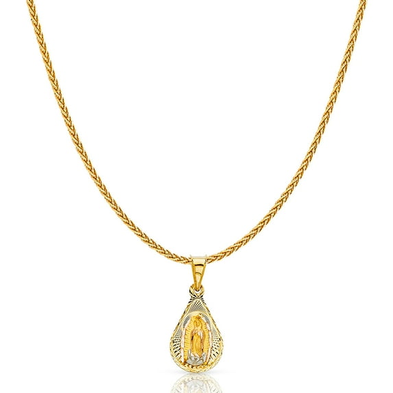 14K Tri Color Solid Gold Diamond Cut Our Lady of Guadalupe Stamp Charm Pendant with 1.1mm Wheat Chain Necklace - 22"