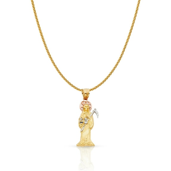 14K Tri Color Solid Gold Grim Reaper Charm Pendant with 1.1mm Wheat Chain Necklace