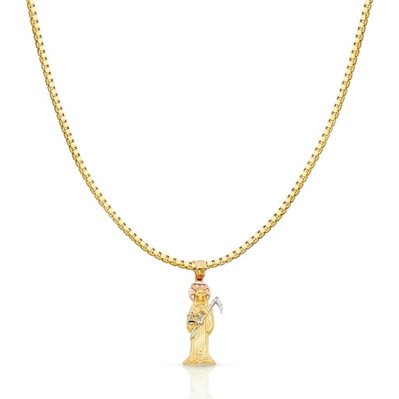 14K Tri Color Solid Gold Grim Reaper Religious Charm Pendant with 1.2mm Box Chain Necklace - 18"