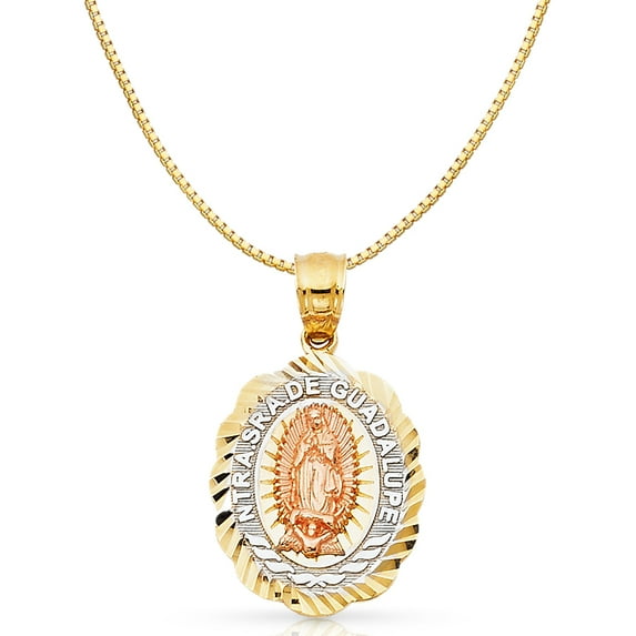 14K Tri Color Solid Gold Religious Our Lady of Guadalupe Charm Pendant with 1mm Box Chain Necklace - 24"