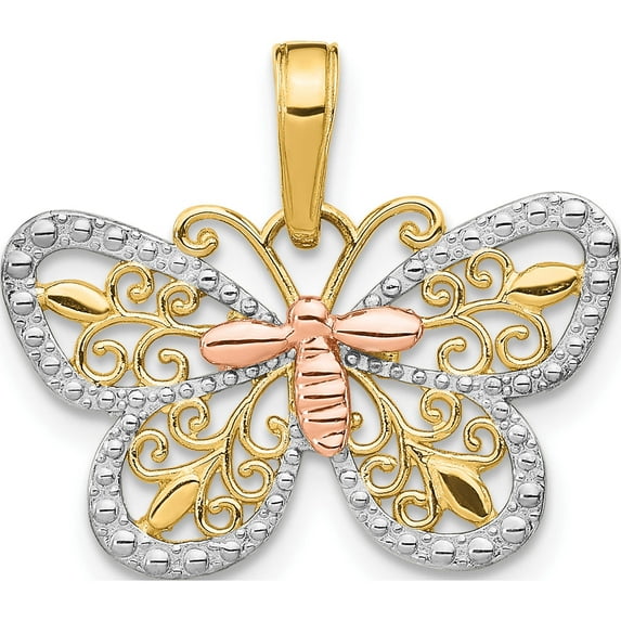 14K Tri-Color Two-Tone With White Rhodium Diamond-Cut Butterfly Pendant (14 X 21) Made In Peru k4832