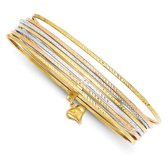 Jewelry by Sweet Pea 14K Tri-Color Oversize Tri-color Polished and Textured with Dangle Heart 7-Strand 11.00mm Slip-on Round Bangle Bracelet