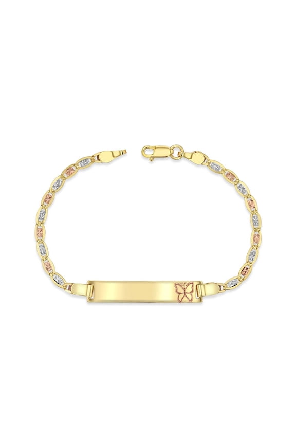 14K Tri-Color (Yellow, White, Rose) Gold 3mm Chain Baby ID Bracelet with Rose Gold Butterfly