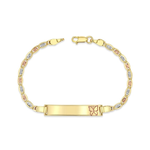 14K Tri-Color (Yellow, White, Rose) Gold 3mm Chain Baby ID Bracelet with Rose Gold Butterfly