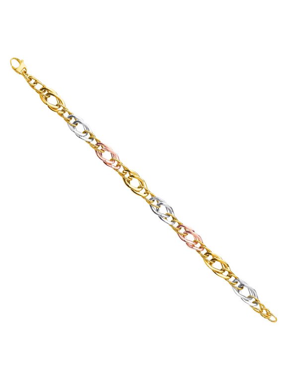 14K Tri-Tone Gold Graduated Interlocking Hollow Link 7.5" Bracelet