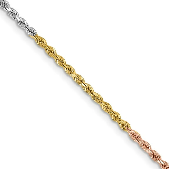 14K Tri-Tone Gold Rope Chain Necklace Tri-colored 16 inch 1.75 mm Diamond-cut with Lobster Clasp
