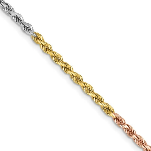 14K Tri-Tone Gold Rope Chain Necklace Tri-colored 24 inch 2.5 mm Diamond-cut with Lobster Clasp