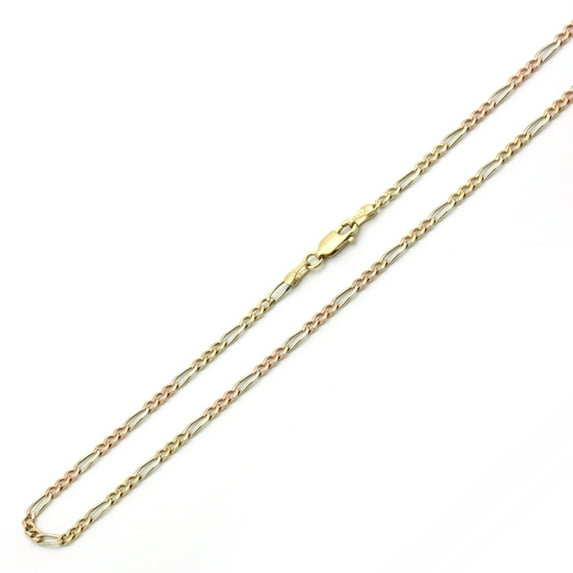 14K Tri-color Gold Chain 2.8mm Concaved Pave Figaro Chain Necklace (16, 18, 20, 22, 24 Inches)