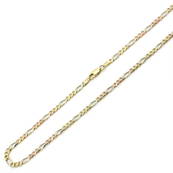14K Tri-color Gold Chain 3.5mm Concaved Pave Figaro Chain Necklace (16, 18, 20, 22, 24 Inches)