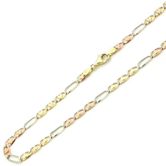14K Tri-color Gold Chain 4.5mm Heart Link Chain Necklace (16, 18, 20, 22, 24 Inches)