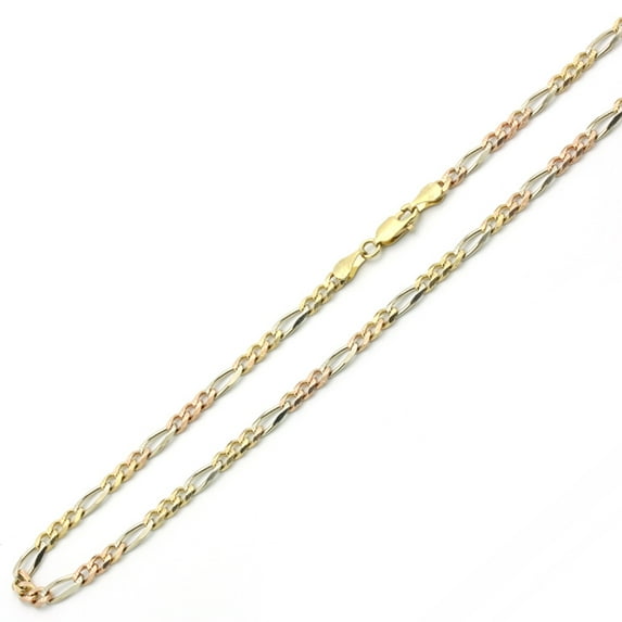 14K Tri-color Gold Chain 4mm Concaved Pave Figaro Chain Necklace (16, 18, 20, 22, 24 Inches)