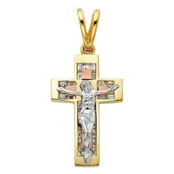 14K Tri-color Gold Large Religious CZ Fancy Crucifix Charm Pendant (37mm x 24mm)