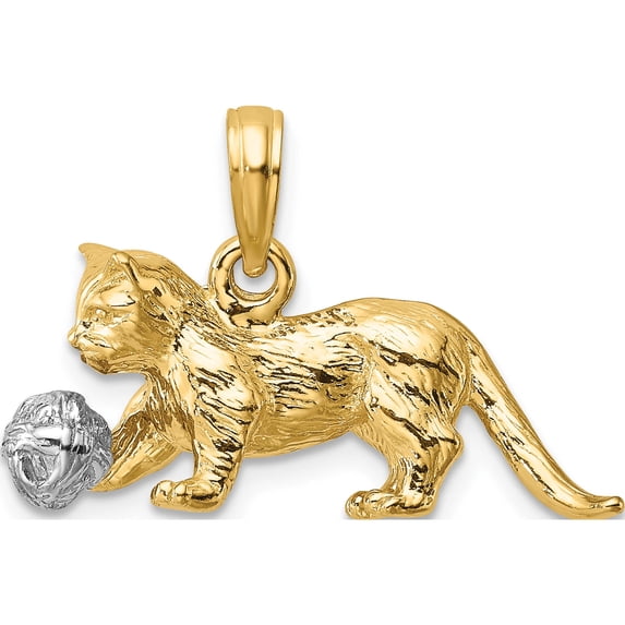 14K Two-Tone 3-D Cat Playing With Moveable Ball Charm (17.7 X 24.4) Made In United States k9319