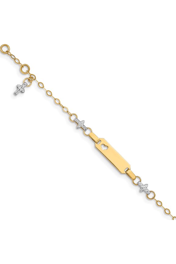 14K Two-Tone Baby Polished And Textured Cross With 1In Ext. Id Bracelet (4.5 X 5) Made In Turkey bid88-4.5
