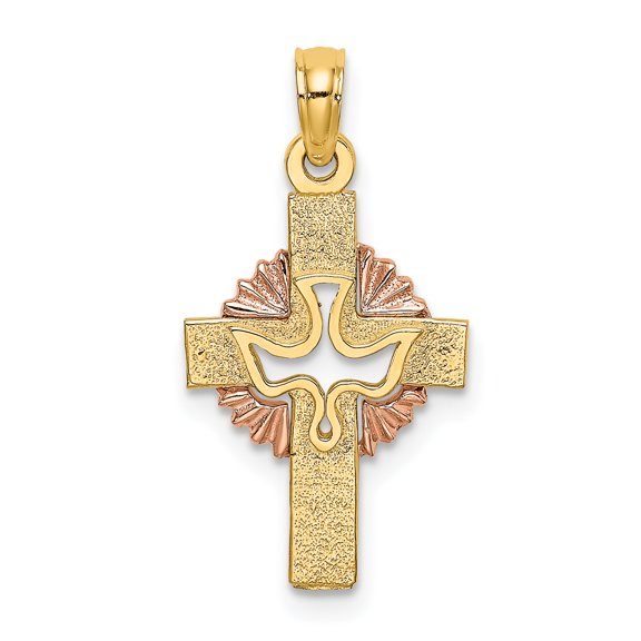 14K Two-Tone Gold Elegant Cut-Out Dove Iona Crucifix Cross Pendant