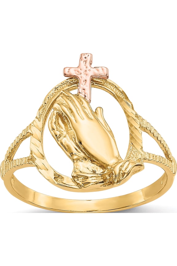 14K Two-Tone Diamond Cut Praying Hands Cross Ring (Size 6) Made In United States k3965