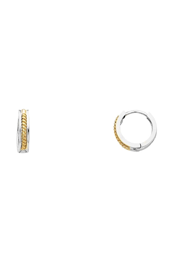 14K Two Tone Gold 2.5 mm Twisted Rope Style Huggies Earrings Secured click top setting