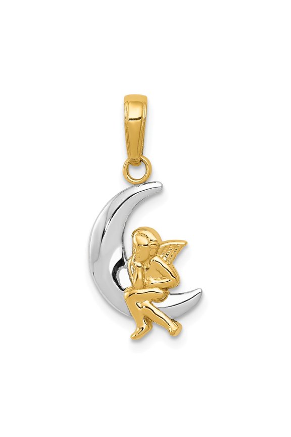 14K Two-Tone Gold Charm Pendant 17 mm 11 & Rhodium Polished Moon With Angel