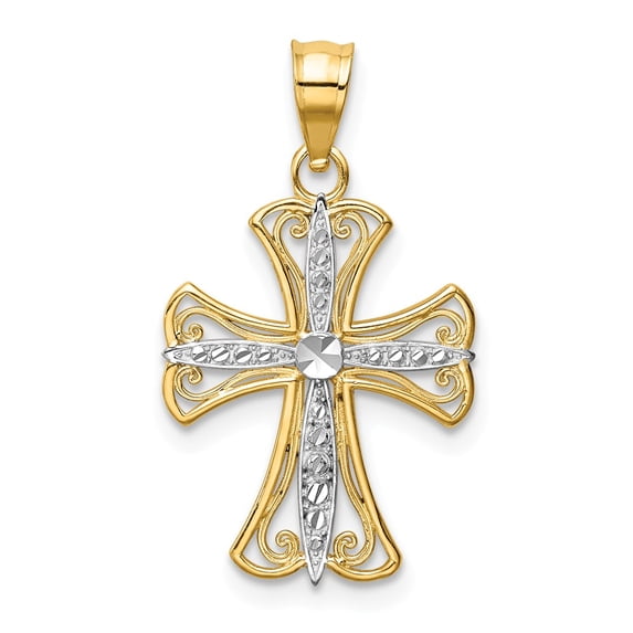14K Two-Tone Gold Charm Pendant 18 mm 14 With Rhodium Diamond-Cut Cross