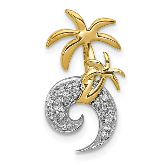 14K Two-Tone Gold Charm Pendant Diamond Round Double Palm Tree And Wave Chain Slide