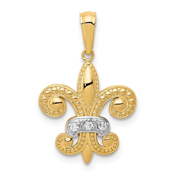 14K Two-Tone Gold Charm Pendant Diamond Round With Rhodium Polished Fleur De Lis