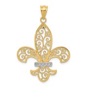 14K Two-Tone Gold Charm Pendant MenS 40 mm 25 & Rhodium Filigree Fleur De Lis