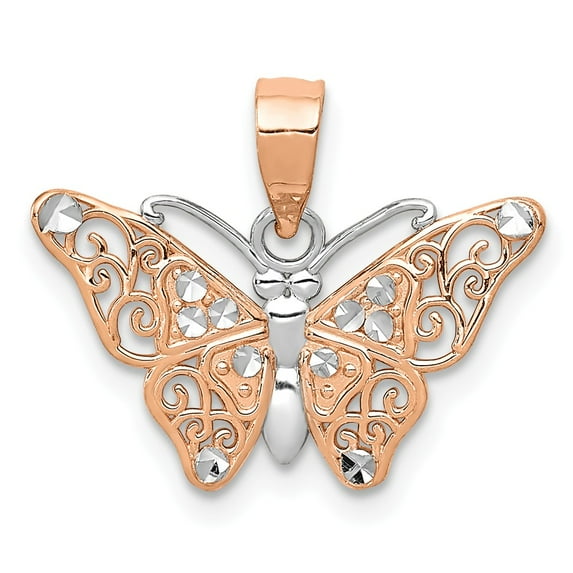 14K Two-Tone Gold Charm Pendant Themed 14 mm 18 Rose & Rhodium Diamond-Cut Butterfly