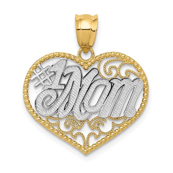 14K Two-Tone Gold Charm Pendant Themed 21 mm 25 & Rhodium Filigree #1 Mom Heart