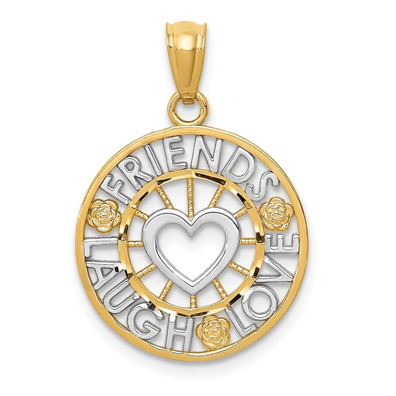 14K Two-Tone Gold Charm Pendant Themed 23 mm 16 And Rhodium Friends, Laugh, Love Circle