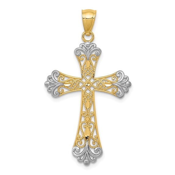 14K Two-Tone Gold Charm Pendant Themed 38 mm 21 With Rhodium Diamond-Cut Cross