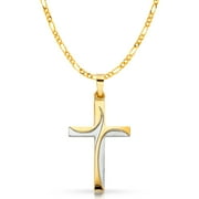 IOKA 14K Two Tone Gold Cross Charm Pendant with 2.3mm Figaro 3+1 Chain Necklace - 22"