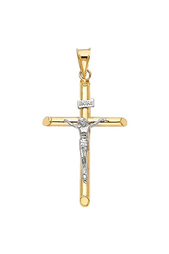 14K Two Tone Gold Crucifix Cross Religious Pendant for Chain Necklace | Jewelry Gift for Men Women | 43 x 20 MM | 1.4 grams